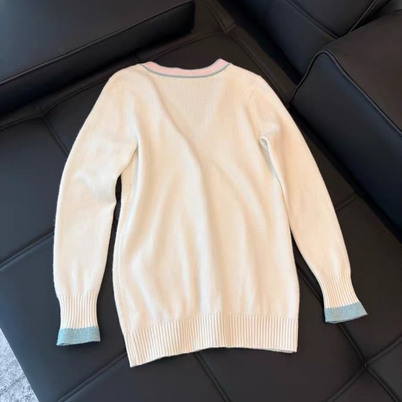 Authentic CHANEL Cream Cardigan with Pink and Blue Details - Picture 3 of 7